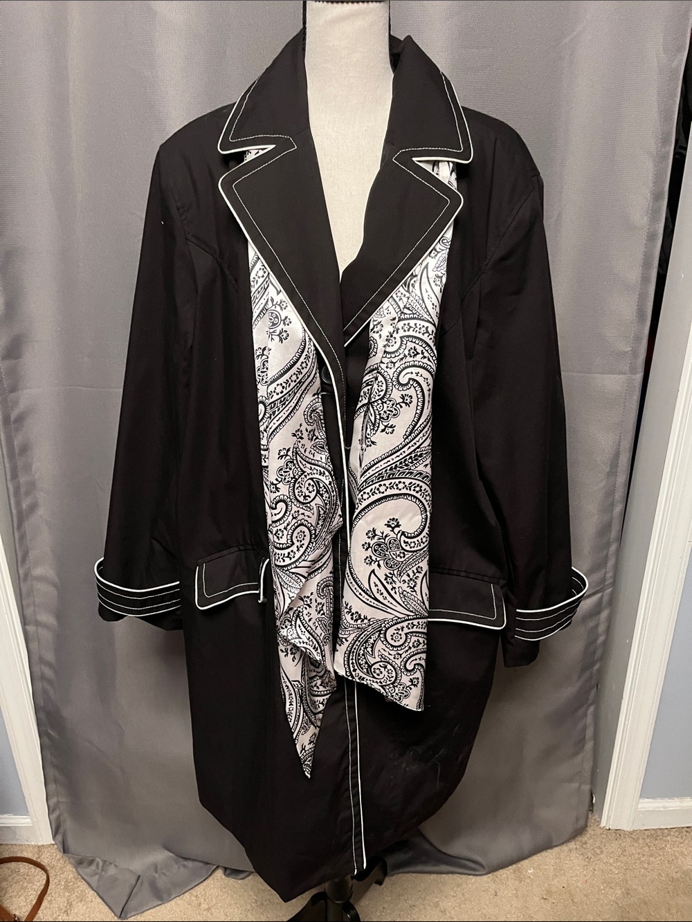 dennis basso Black Trench Coat with White Paisley Accent